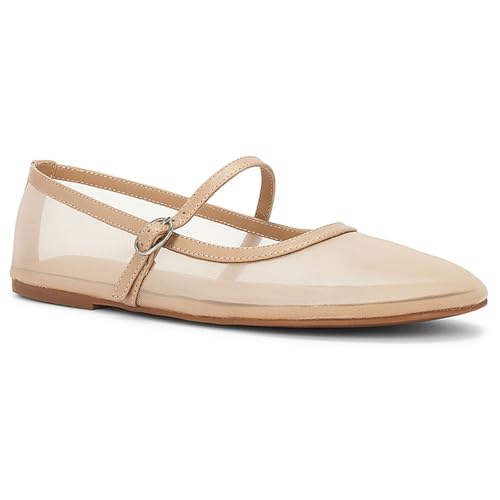 FamMe Flache Damenschuhe aus Netzstoff mit Knöchelriemen und Schnalle, Flache Pumps mit runder, geschlossener Spitze, Mary-Jane-Schuhe, große Bequeme Pumps für den Sommer,Beige,39 von FamMe