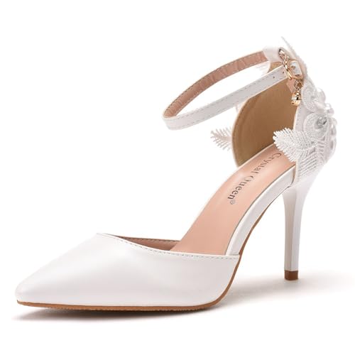 FamMe Hochzeitsschuhe, Spitzen-Pumps mit Blumenmuster für Damen, Spitze, geschlossene Zehenpartie, Knöchelriemen, Stiletto-Absatz, Sandalen für die Braut,Weiß,43 von FamMe