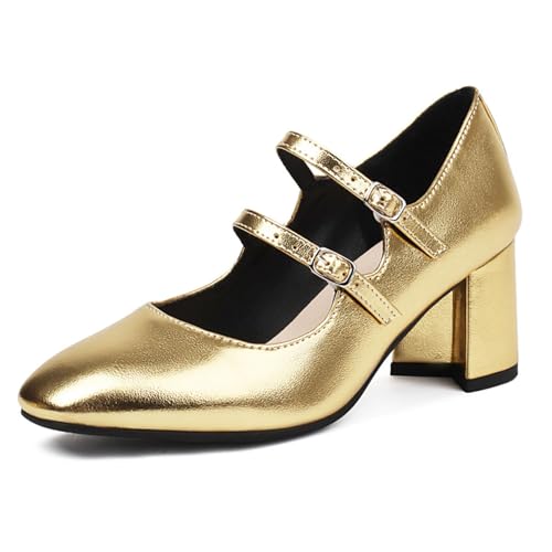 FamMe Mary-Jane-Abendschuhe für Damen, Doppelriemen, geschlossene Pumps mit quadratischer Zehenpartie, Blockabsatz, PU-Leder, klobige Absätze für Freizeit, Arbeit, Hochzeit,Gold,36 von FamMe