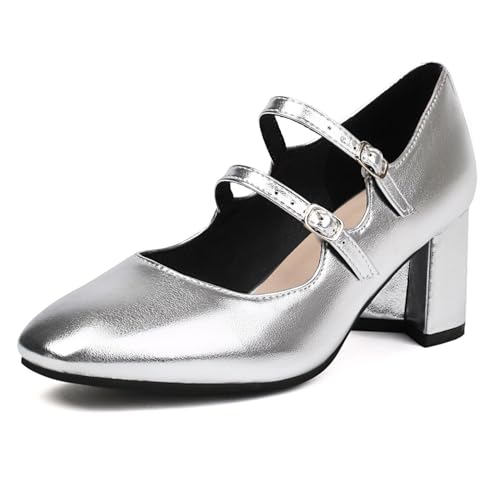 FamMe Mary-Jane-Abendschuhe für Damen, Doppelriemen, geschlossene Pumps mit quadratischer Zehenpartie, Blockabsatz, PU-Leder, klobige Absätze für Freizeit, Arbeit, Hochzeit,Silber,38 von FamMe