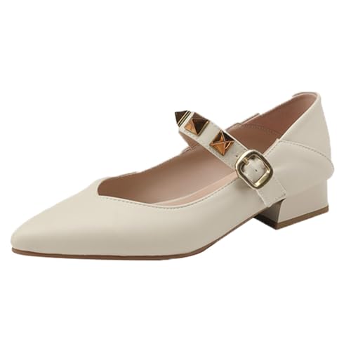 FamMe Mary-Jane-Pumps für Damen, Elegante Schuhe mit Metallnieten, Riemchen, spitzer Zehenbereich, geschlossene Zehenpartie, klobiger niedriger Absatz für Freizeit, Arbeit, Hochzeit,Beige,38 von FamMe