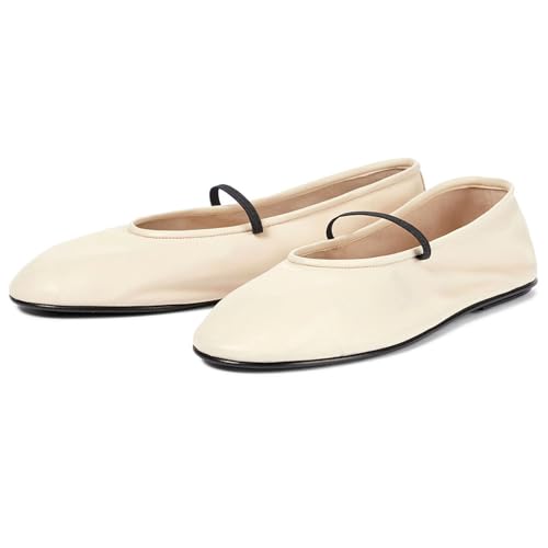 FamMe Mary-Jane-Schuhe für Damen, weiche Lederpumps, runde Pumps mit geschlossener Spitze und flachem Absatz, Bequeme Ballerinas für die Freizeit,Beige,42 von FamMe