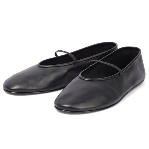 FamMe Mary-Jane-Schuhe für Damen, weiche Lederpumps, runde Pumps mit geschlossener Spitze und flachem Absatz, Bequeme Ballerinas für die Freizeit,Schwarz,40 von FamMe