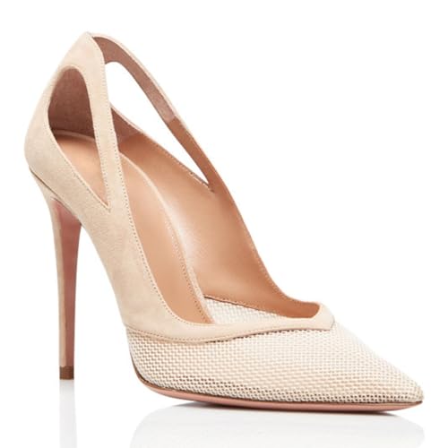 FamMe Mesh-Pumps mit Hohlsaum für Damen, Spitze, geschlossene Zehenpartie, Stiletto-Absatz, Slipper für Hochzeit, Brautparty, Abendschuhe,Beige,36 von FamMe