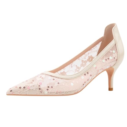 FamMe Mit Netzspitze bestickte Pumps für Damen, geschlossene Spitze Zehenpartie, Kitten-Stilettoabsatz, mittelhoher Slipper, mit Pailletten, für Hochzeit, Party, Arbeit, Abendschuhe,Beige,39 von FamMe