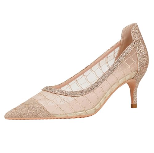 FamMe Paillettenbesetzte Patchwork-Pumps für Damen aus Mesh mit hohler Spitze und Kitten Heels, spitzer Zehenbereich, mittlerer Stilettoabsatz, Slipper für Hochzeitsfeiern,Beige,38 von FamMe