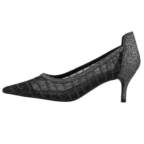 FamMe Paillettenbesetzte Patchwork-Pumps für Damen aus Mesh mit hohler Spitze und Kitten Heels, spitzer Zehenbereich, mittlerer Stilettoabsatz, Slipper für Hochzeitsfeiern,Schwarz,35 von FamMe