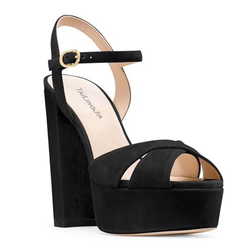 FamMe Plateau-Absätze für Damen, Knöchelriemen, klobige Absätze, Bequeme Sandalen mit offenem Zehenbereich und Blockabsatz, lässige, Elegante Sommer-Pumps-Schuhe,Schwarz,39 von FamMe