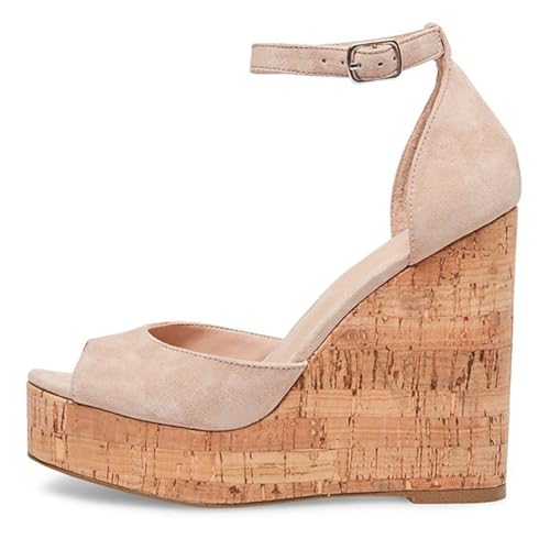 FamMe Plateau-Keilsandalen für Damen, Keilsandaletten mit Holzmaserung unten, Bequeme, offene Zehen, Knöchelriemen, Elegante Sommerschuhe mit hohem Absatz,Beige,34 von FamMe