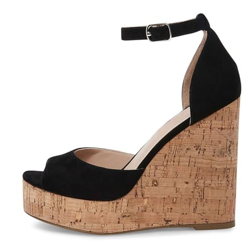 FamMe Plateau-Keilsandalen für Damen, Keilsandaletten mit Holzmaserung unten, Bequeme, offene Zehen, Knöchelriemen, Elegante Sommerschuhe mit hohem Absatz,Schwarz,42 von FamMe