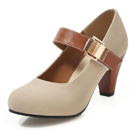 FamMe Pumps im Colorblock-Stil für Damen, Mary-Janes-Schuhe aus Wildleder mit klobigen Blockabsätzen und Fesselriemen aus Metallschnalle, Pumps mit geschlossener Spitze,Beige,37 von FamMe