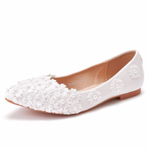 FamMe Spitzenperlen-Hochzeitsschuhe, Brautschuhe, Damen-Flachschuhe, geschlossene Spitze Zehenpartie, Slip-On-Pumps, Ballerinas mit flachem Absatz,Weiß,43 FamMe Spitzenperlen-Hochzeitsschuhe, Brautschuhe, Damen-Flachschuhe, geschlossene Spitze Zehenpartie, Slip-On-Pumps, Ballerinas mit flachem Absatz,Weiß,43 von FamMe