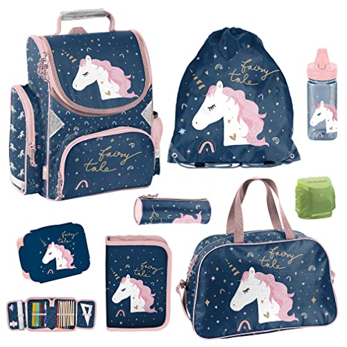 Familando Einhorn Schulranzen Set 8-TLG. Mädchen Schultasche 1. Klasse Magic Unicorn mit Federmappe Turnbeutel Sporttasche Regenschutz von Familando