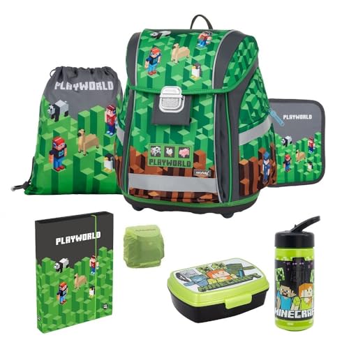 Familando Jungen Schulranzen 1. Klasse · Playworld Gaming Pixel Schultasche · ergonomisch & leicht · Schulranzen-Set (7-teilig) von Familando