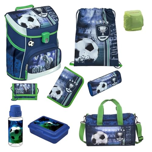 Familando Jungen Schulranzen 1. Klasse · Scooli Campus Fit Schultasche · ergonomisch & leicht · Schulranzen Set für Jungs und Mädchen (9-teiliges Set mit Sporttasche, Fußball Blau) von Familando