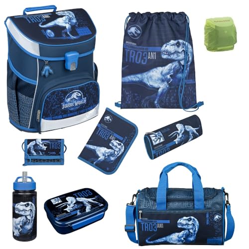 Jungen Schulranzen 1. Klasse · Scooli Campus Fit Schultasche · ergonomisch & leicht · Schulranzen Set für Jungs und Mädchen (9-teiliges Set mit Sporttasche, Jurassic World Dinosaurier Dunkelblau) von Familando