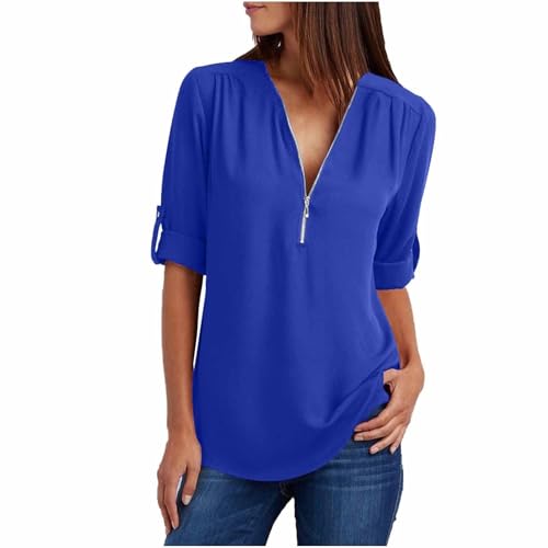 Angebote des Tages Heute Damen, Chiffon Bluse Damen Langarm Elegant Langarmshirt V-Ausschnitt Tunika Große Größen Half Zip Pullover Oberteile Leichte Tshirt Locker T Shirt Einfarbig T-Shirts Frauen von Famzuneu