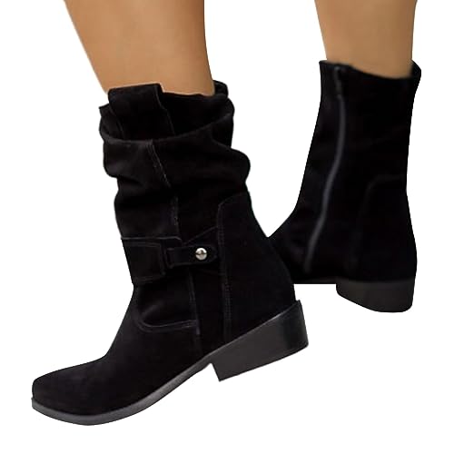 Ankle Boots Damen schwarz flach, Ankle Boots Damen mit Absatz Wildleder Stiefeletten Westernstiefel Elegant Stiefel Cowboystiefel Halbhohe Bequemer Halbhoch Damenstiefel Winterstiefel von Famzuneu