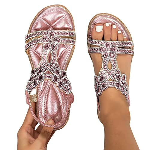 Damen Sandalen mit Strass, Glitzer Sandalen Damen Sommer Elegant Flach Strass Schuhe Mädchen Sommerschuhe Frauen Bequem Weichen Sohlen Damensandalen Gummiband Slingback Sandaletten Strandschuhe von Famzuneu