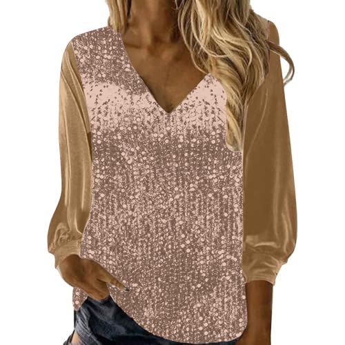 Glitzer Oberteile Damen Langarm eng, Pailletten Oberteil Damen Langarm Samt Glitzerbluse Festliche Party Glitzer Blusen Elegant Sexy Silvester Outfit Pullover Modern Casual Shirt mit Glitzer von Famzuneu