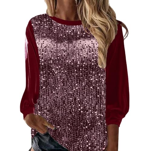 Glitzer Outfit Damen, Pailletten Oberteil Damen Langarm Samt Glitzerbluse Festliche Party Glitzer Blusen Elegant Sexy Silvester Outfit Pullover Modern Casual Shirt mit Glitzer Große Größen von Famzuneu