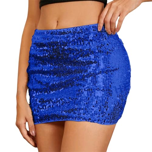 Glitzer Rock blau lang, 2025 Pailettenrock für Damen Pailletten Glitzer Rock Kurz Silber Gold Sexy Midi Skirt Hüftrock mit Elastische Taille Glitzerrock für Party Rave Outfit Blau XXL von Famzuneu