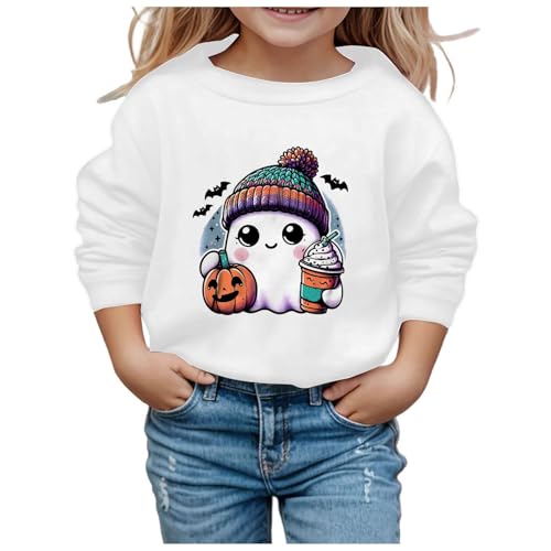 Halloween Pullover Kinder 134, Halloween Sweatshirt Jungen Mädchen Kürbisse und Geister Drucken Langarm Rundhals Ohne Kapuze Pullover Karneval Festival Festlich Kostüm Kinder Streetwear Kleidung von Famzuneu