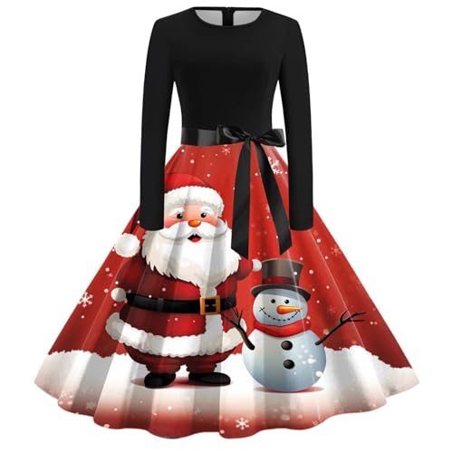 Kleid Damen Weihnachten, Weihnachten Kleid Damen Festlich Langarm Partykleid Weihnachtskleider Rot Grün Abendkleid Lustig Große Größen Christmas Dress Cocktaikleid Swing Weihnachtskleid von Famzuneu