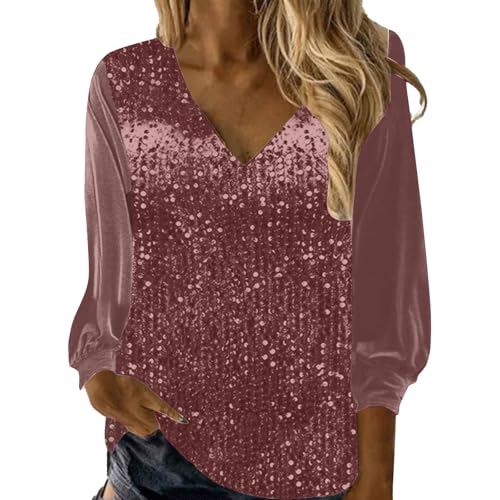 Pailletten Oberteil Damen Langarm, Pailletten Oberteil Damen Langarm Samt Glitzerbluse Festliche Party Glitzer Blusen Elegant Sexy Silvester Outfit Pullover Modern Casual Shirt mit Glitzer von Famzuneu