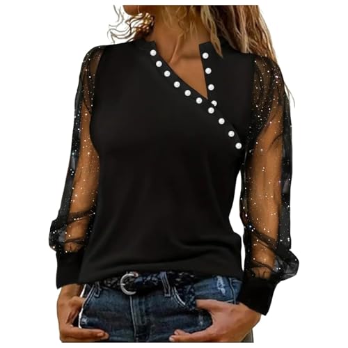 Pailletten Oberteil Damen schwarz Langarm, Glitzer Oberteile Damen Party Langarm Festliche Pailletten Shirt Schwarz Elegant Sexy Bluse Silvester Outfit Modern Pullover Große Größen Herbst Winter von Famzuneu