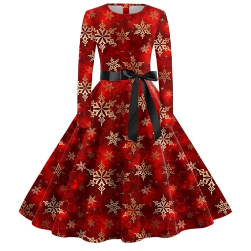 Rockabilly Kleider Damen rot weiß, Weihnachten Kleid Damen Festlich Cocktaikleid A-Linie Swing Abendkleid Weihnachtskleider Langarm Rockabilly Weihnachtskleid Partykleid Elegant Christmas Dress von Famzuneu