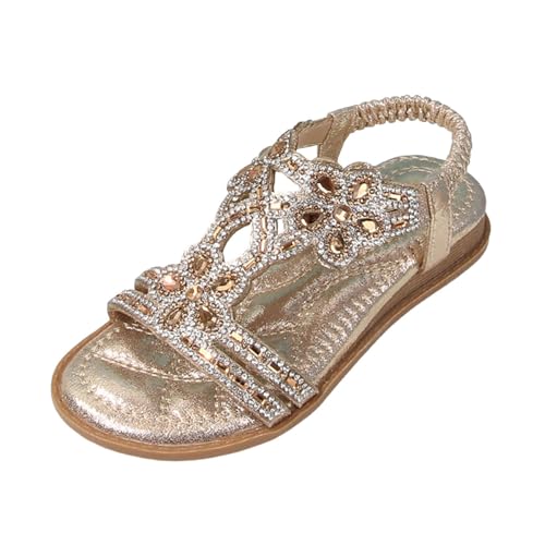 Sandalen mädchen 36 Silber Glitzer, Glitzer Sandalen Damen Sommer Elegant Flach Strass Schuhe Mädchen Sommerschuhe Frauen Bequem Weichen Sohlen Damensandalen Gummiband Slingback Sandaletten von Famzuneu