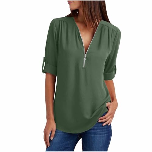 Schwarze Bluse Damen elegant, Chiffon Bluse Damen Langarm Elegant Langarmshirt V-Ausschnitt Tunika Große Größen Half Zip Pullover Oberteile Leichte Tshirt Locker T Shirt Einfarbig T-Shirts Frauen von Famzuneu