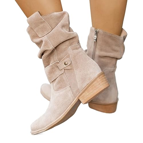 Stiefeletten Damen Elegant Wildleder Halbstiefel Schlupfschuhe Stiefel mit Schnalle Kurzstiefel Winterstiefel Halbhohe Bequemer Absatz Ankle Boots Halbhoch Westernstiefel Damenstiefel von Famzuneu