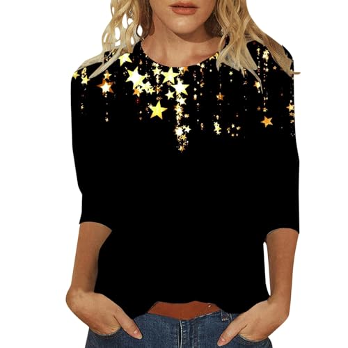 Weihnachts Tshirt Damen Glitzer, Glitzer Bedruckt Oberteile Damen 3/4 arm Pailletten Drucken Shirt Festlich Elegant Große Größen Blusen Silvester Outfit Rundhals Pullover Party Festliche Top von Famzuneu