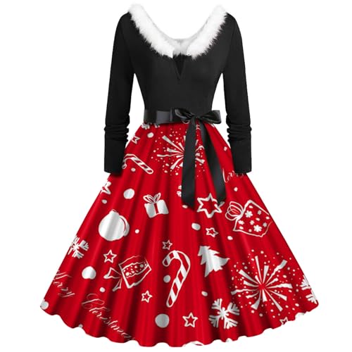 rockebillykleider Damen große größen, Kleid Weihnachten Damen Elegant Lustig Cocktaikleid Weihnachtskleid Festlich Rot Weihnachtskleider Sexy Swing Abendkleid Christmas Dress Vintage Partykleid von Famzuneu