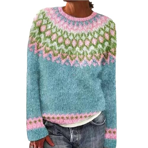 strickpullover damen oversize bunt, Winterpullover Damen Warm Elegant Winter Kaschmir Pullover Große Größen Sweatshirt mit Aufdruck Rundhals Bequem Wollpullover Langarm Strickpullover Casual Wollpulli von Famzuneu