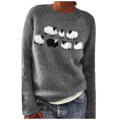 warme Pullover Winter Damen, Winterpullover Damen Warm Elegant Winter Kaschmir Pullover Große Größen Sweatshirt mit Aufdruck Rundhals Bequem Wollpullover Langarm Strickpullover Casual Wollpulli von Famzuneu