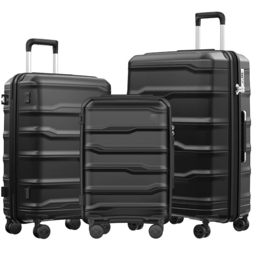 Fancial PP-Hartschalen-Koffer-Set, robust, leise, 360-Grad-Drehrollen, TSA-Schloss, Handgepäck, Teleskopgriff, 3-teiliges Set (50,8 cm, 61,1 cm, 71,1 cm), Schwarz, Gepäck mit Spinnrädern von Fancial