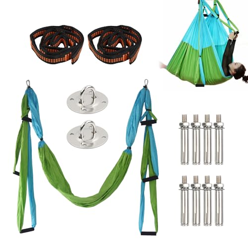 Yoga Hängematte, 20 Pcs Yoga Seil Set Anti-Schwerkraft, 2,5 m Yoga Schaukel Nylon mit 2 Yogagurt 1m, 6 Handgriff, Montagezubehör, Tasche, Aerial Yogatuch Rutschfest, Yoga Bein Stretcher Fitness (Grün) von Fangehong