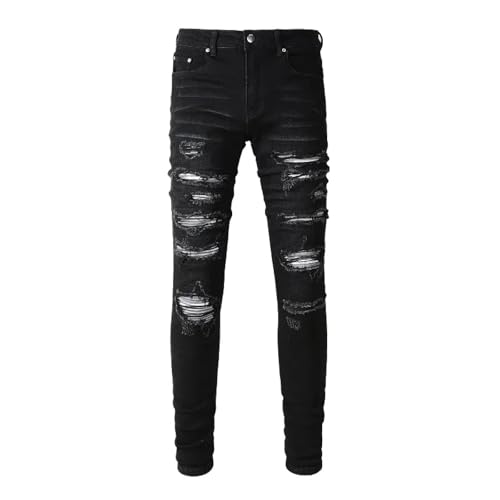 Fanlageter Jeans Herren Hose Jeanshose Herren Jeans Denim Hose Zerrissen Patchwork Schwarze Hose 34 Schwarz von Fanlageter