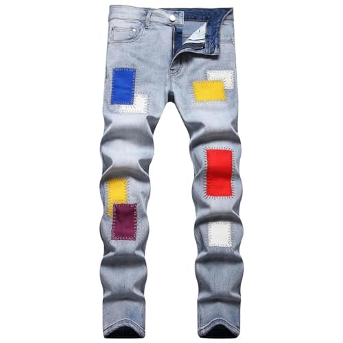 Fanlageter Jeans Herren Hose Jeanshose Herren Jeans Denim Patchwork Hose Slim Hellblau Hose 30 Blau von Fanlageter