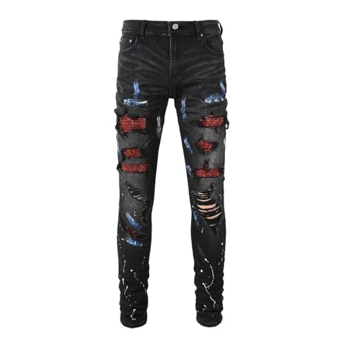 Fanlageter Jeans Herren Hose Jeanshose Herren Jeanshose Mit Rissen Patchwork Schwarz Hose 33 Schwarz von Fanlageter