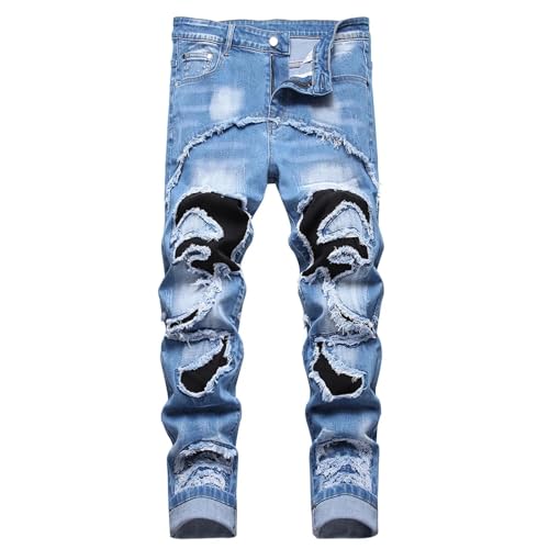 Fanlageter Jeans Herren Hose Jeanshose Herren Patchwork Jeans Zerrissen Schlank Gerade Hose 38 Hellblau von Fanlageter