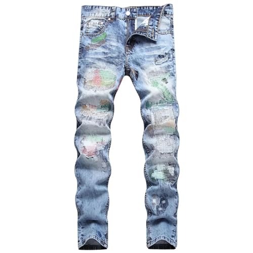 Fanlageter Jeans Herren Hose Jeanshose Herren Patchwork Jeans Zerrissene Hose Schlank Gerade Hose 38 Blau von Fanlageter