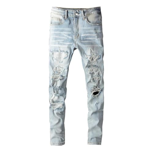 Fanlageter Jeans Herren Hose Jeanshose Herren Zerrissene Patchwork Jeans Hellblau Denim Slim Hose 29 Blau von Fanlageter