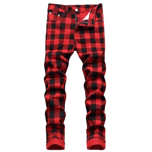 Fanlageter Jeans Herren Hose Jeanshose Männer Rot Plaid Gedruckt Hosen Slim Jeans Plus Größe Gerade Hose 34 Rot von Fanlageter