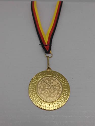Dart 10 Stück Medaillen - aus Stahl 40mm - mit einem Emblem, 25 mm - Darts - Logo - inkl. Medaillen Band - Farbe: Gold - Turnier - (9285) von Fanshop Lünen
