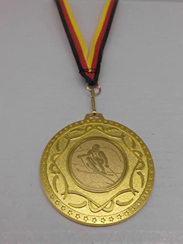 Fanshop Lünen Ski Slalom 10 Stück Medaillen - aus Metall 50mm - mit einem Alu Emblem - Abfahrt - inkl. Medaillen Band - Farbe: Gold - mit Alu Emblem 25mm - (9178) von Fanshop Lünen