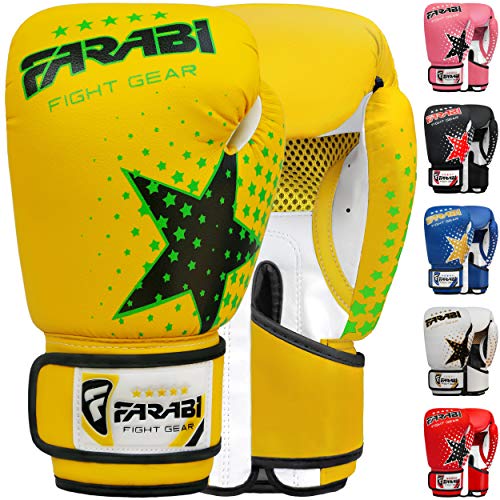Farabi Kinder Boxhandschuhe 6-Unzen, Kickboxen Muay Thai Training MMA Sparring Handschuhe, Beste Handschuhe für das Training auf Boxsack, Fokus Pads Übung (Yellow, 6-oz) von Farabi Sports